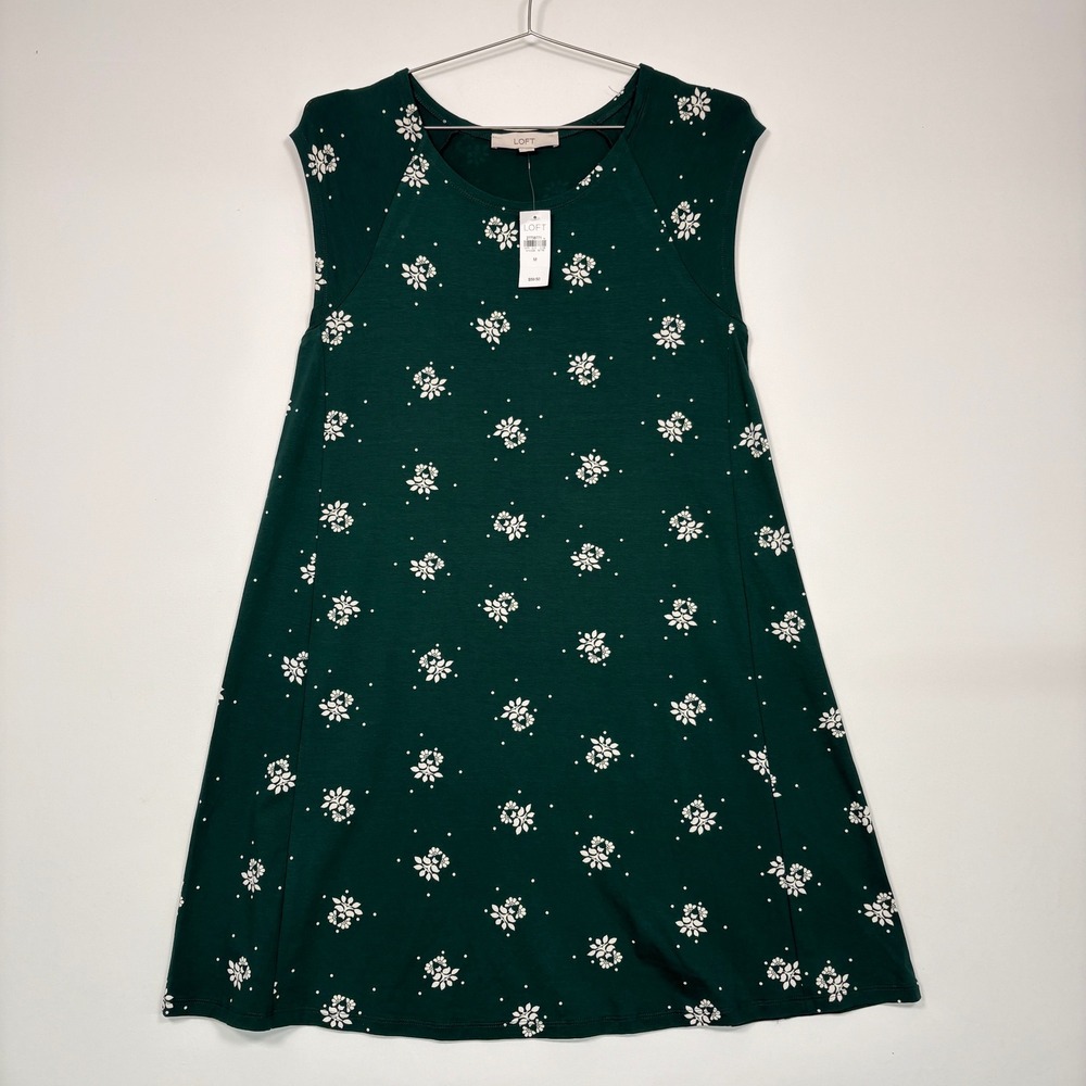 NWT LOFT Women Dress M Green Floral Sleeveless Mini A-Line Knit 27738771